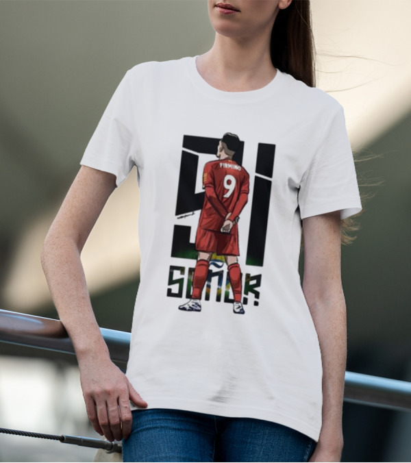 Roberto Firmino Si Señor 9 Football Player In Red Kit With Brazil Flag Background T-Shirt