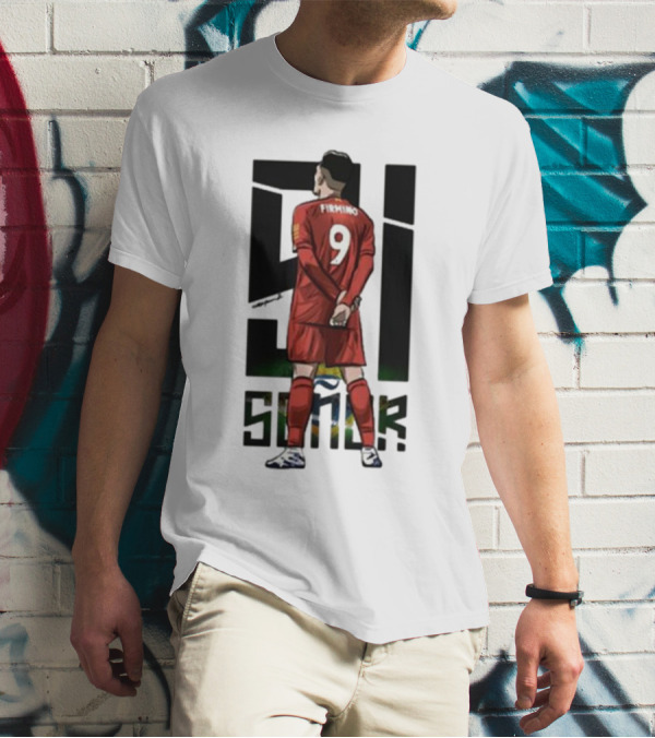Roberto Firmino Si Señor 9 Football Player In Red Kit With Brazil Flag Background T-Shirt