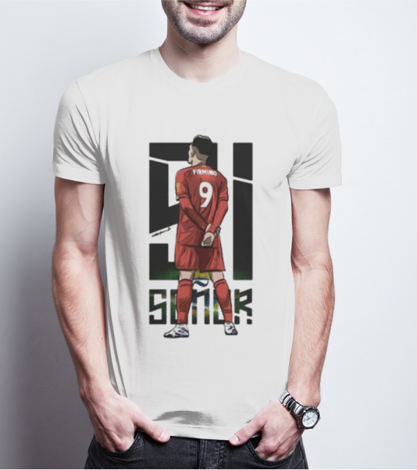 Roberto Firmino Si Señor 9 Football Player In Red Kit With Brazil Flag Background T-Shirt