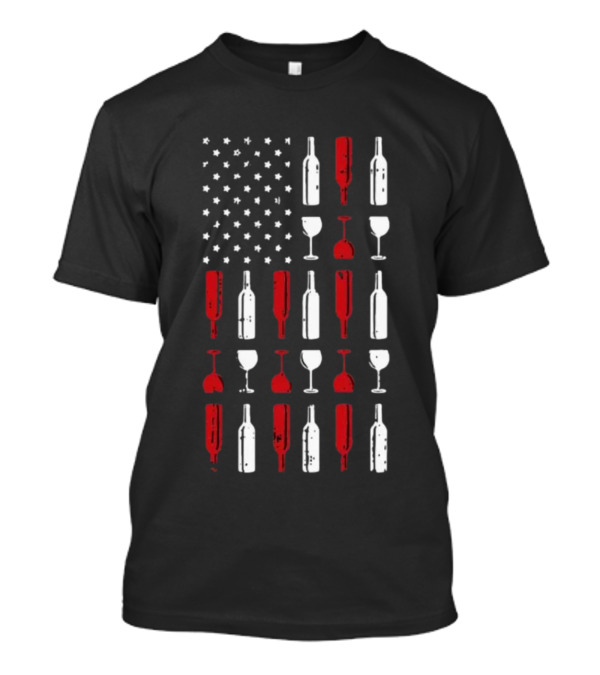 Wine Glass And Bottle American Flag 4th Of July T-Shirt