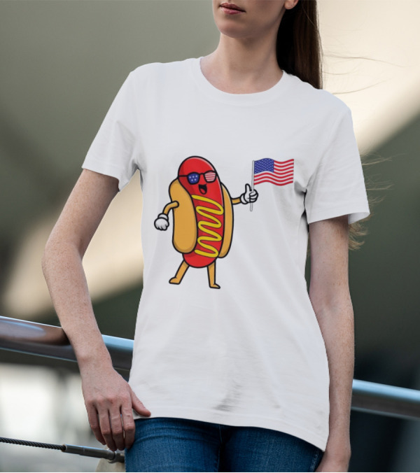 4th Of July Hot Dog With American Flag And Patriotic Sunglasses T-Shirt