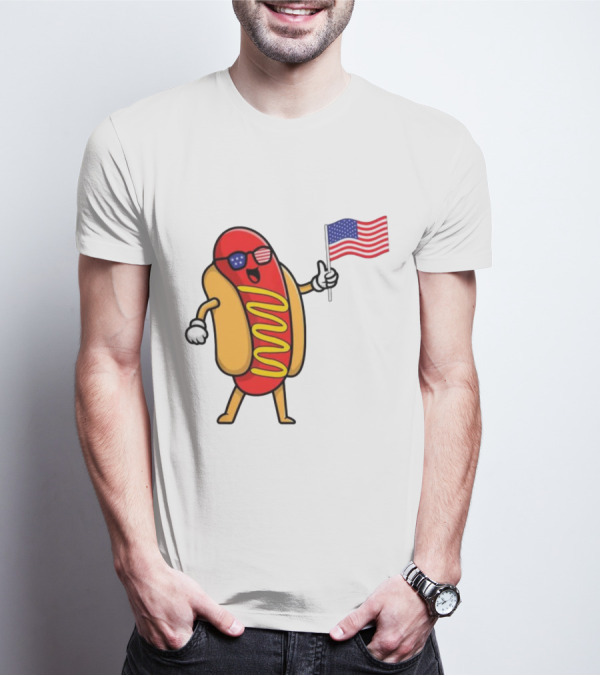 4th Of July Hot Dog With American Flag And Patriotic Sunglasses T-Shirt