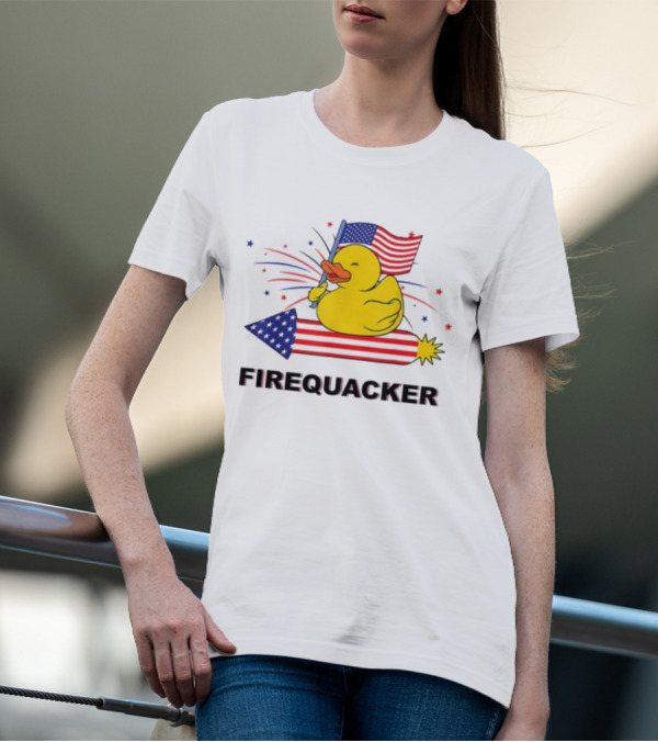 Firequacker Duck Holding American Flag Riding Firework 4th Of July T-Shirt