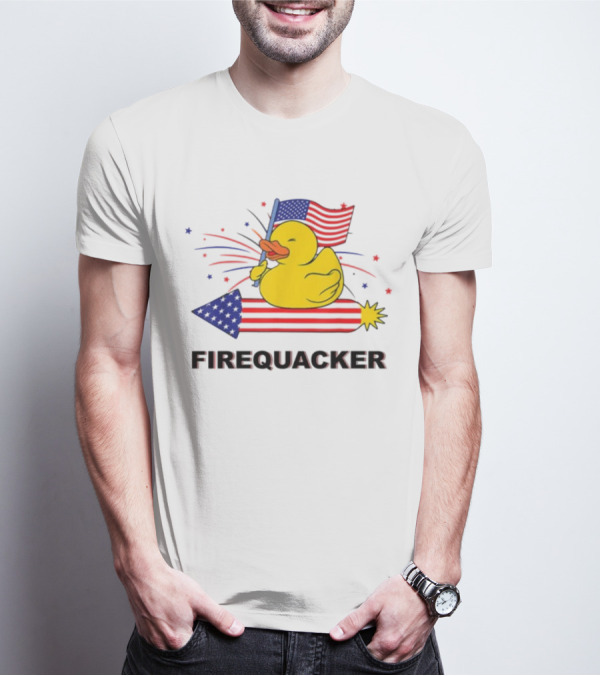 Firequacker Duck Holding American Flag Riding Firework 4th Of July T-Shirt