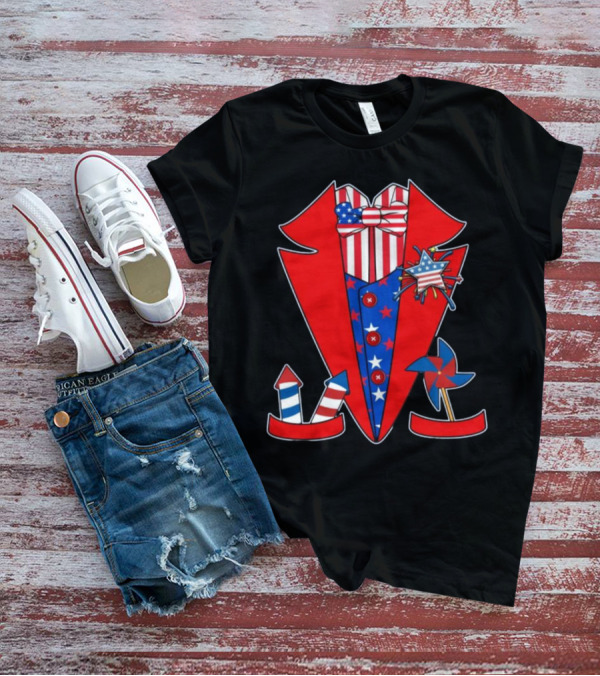 Patriotic Stars And Stripes Tuxedo With Fireworks And Pinwheel T-Shirt