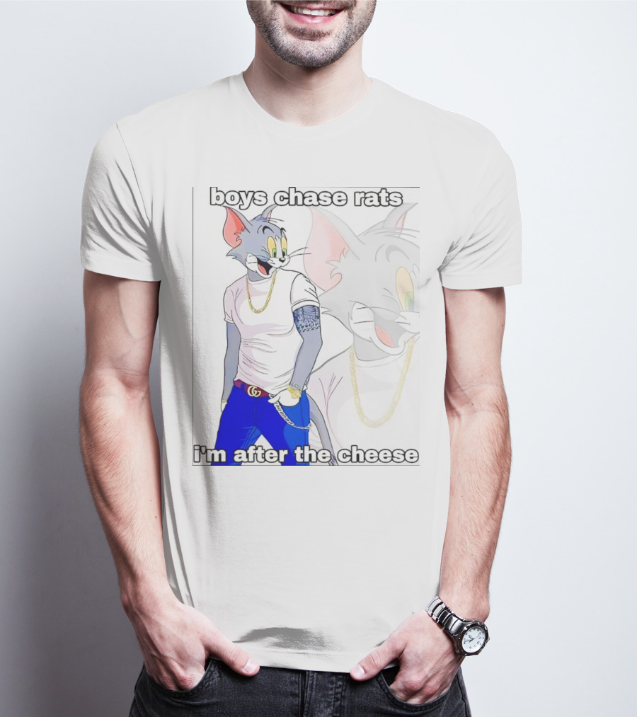 Boys Chase Rats, I'm After The Cheese Cartoon Cat With Gold Chain And Watch T-Shirt