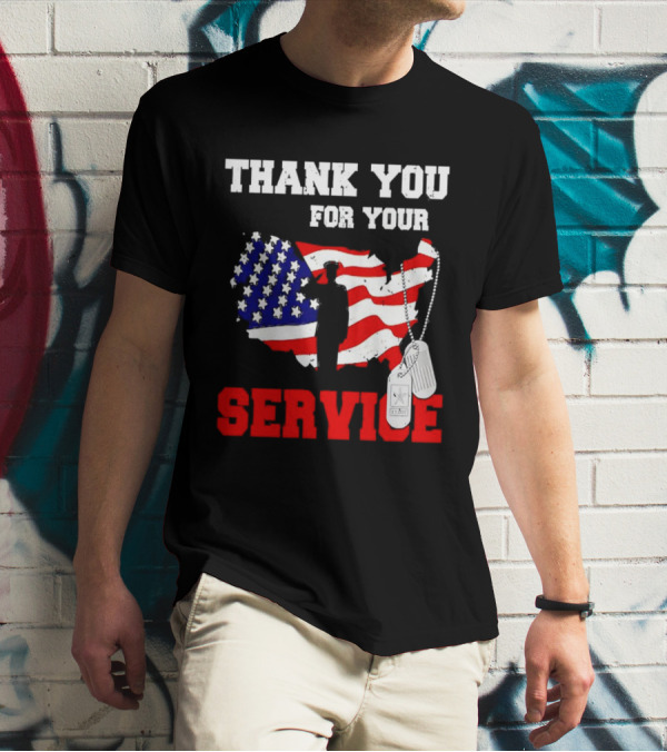 Thank You For Your Service American Flag Silhouette With Dog Tags T-Shirt