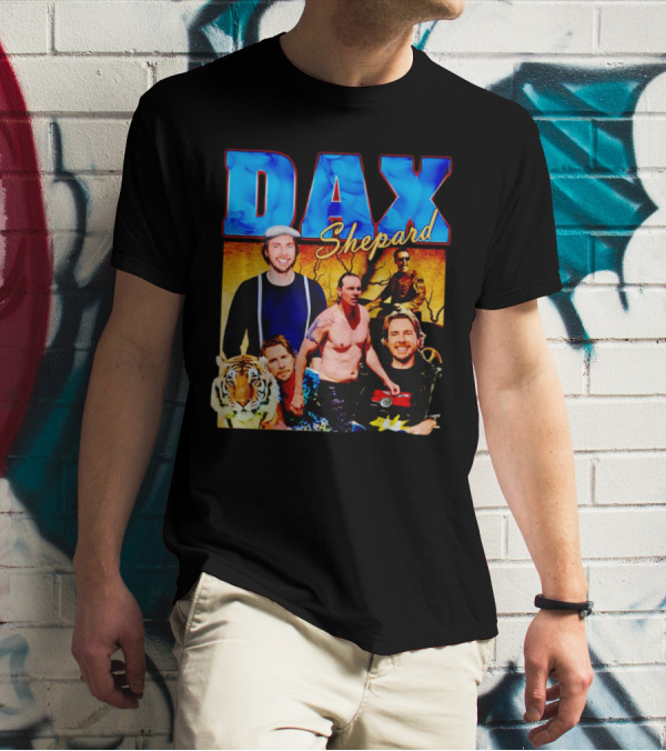 Dax Shepard Vintage Collage With Blue Text And Tiger T-Shirt