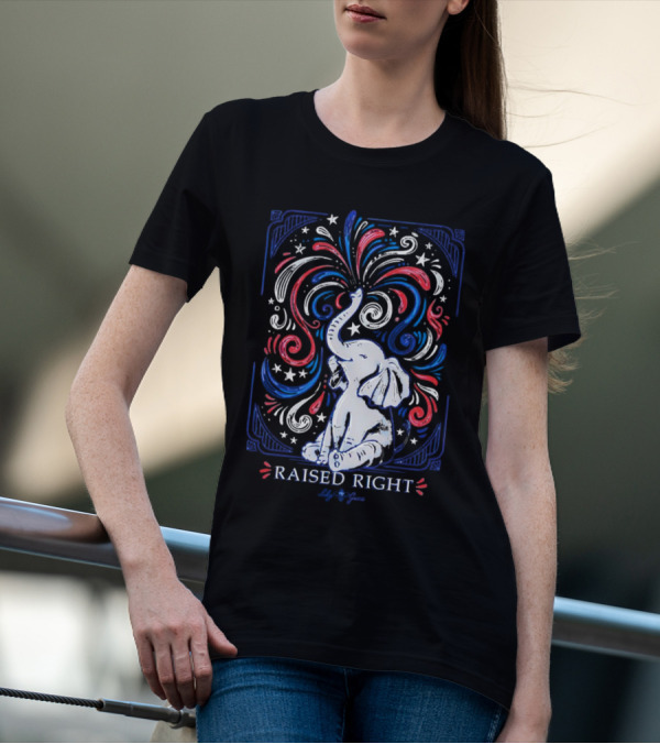 Elephant Raised Right Fireworks Red White Blue Stars T-Shirt