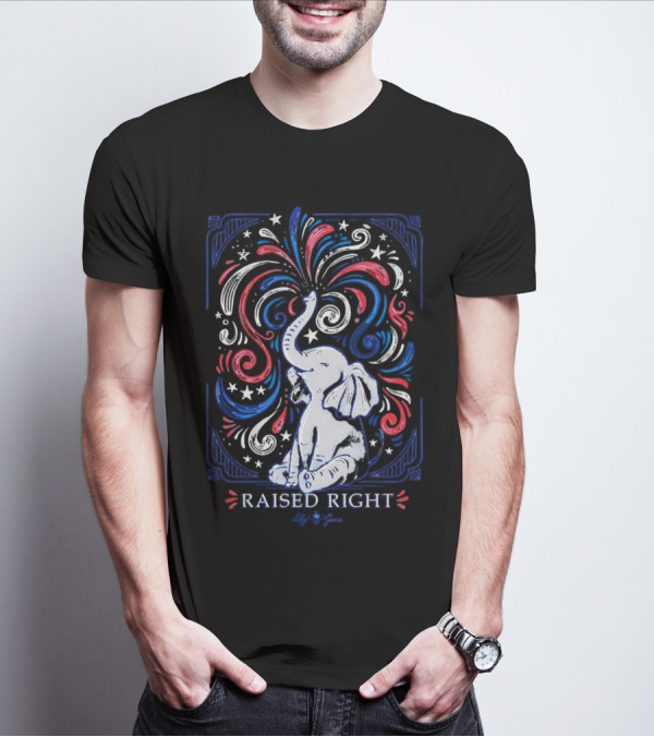 Elephant Raised Right Fireworks Red White Blue Stars T-Shirt