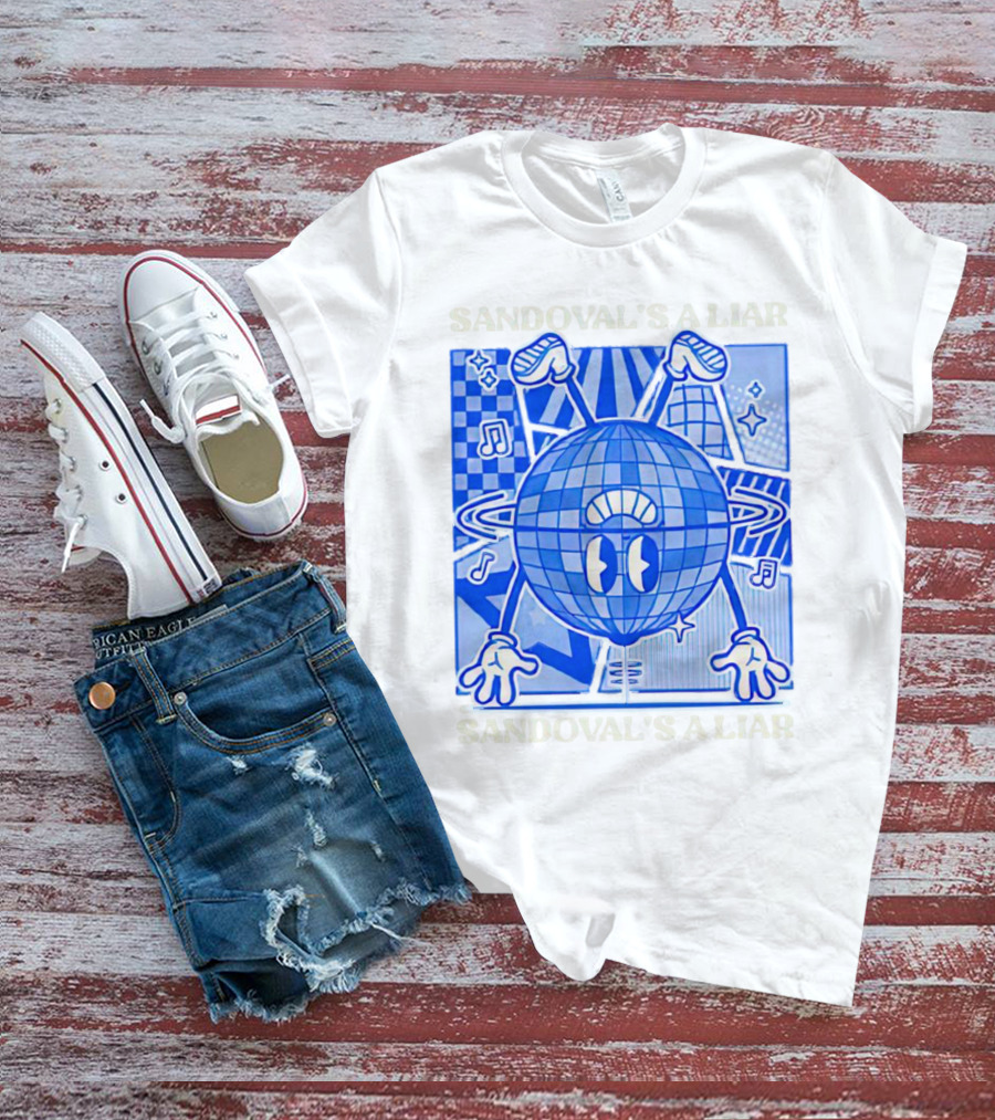 Sandoval's A Liar Blue Globe Cartoon Music Notes Geometric Background T-Shirt