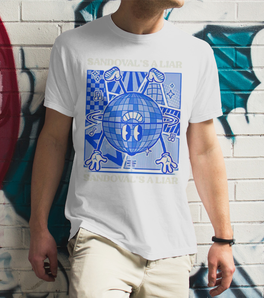 Sandoval's A Liar Blue Globe Cartoon Music Notes Geometric Background T-Shirt