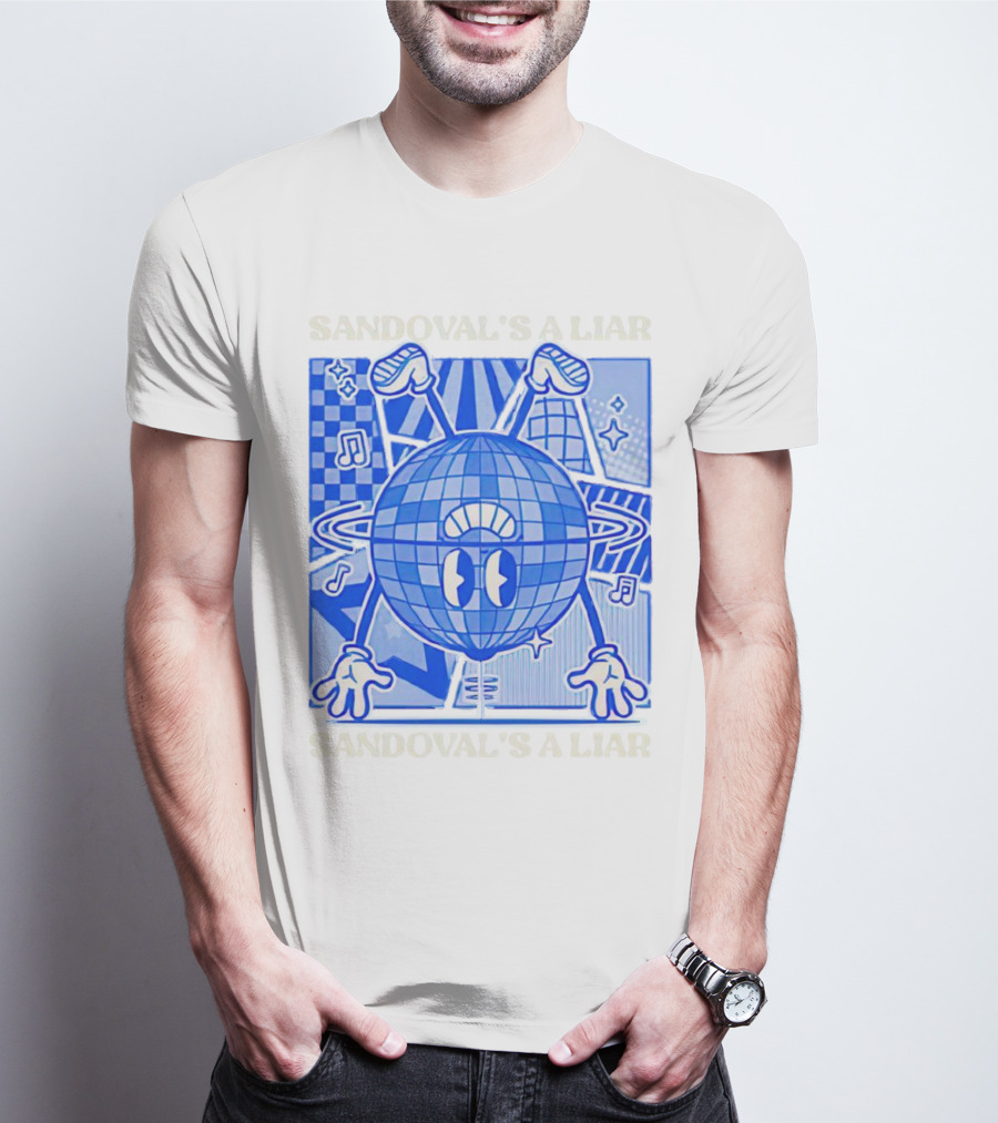 Sandoval's A Liar Blue Globe Cartoon Music Notes Geometric Background T-Shirt