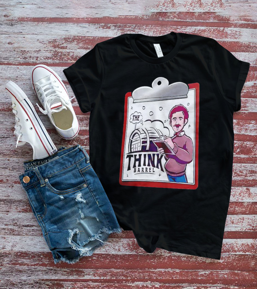 The Think Barrel Clipboard With Cartoon Character And Building Outline T-Shirt