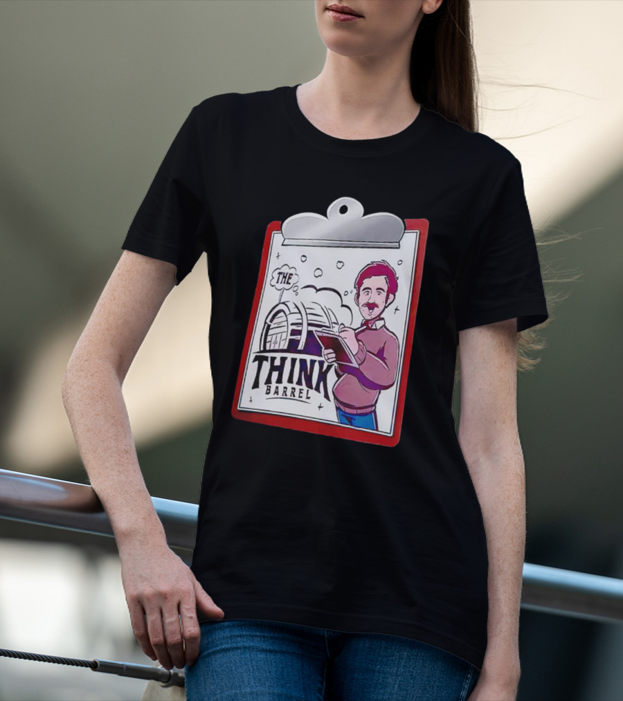 The Think Barrel Clipboard With Cartoon Character And Building Outline T-Shirt