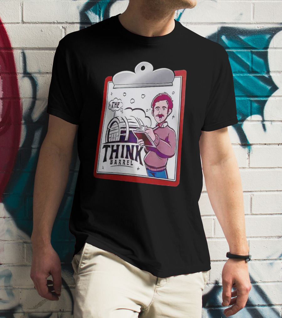The Think Barrel Clipboard With Cartoon Character And Building Outline T-Shirt