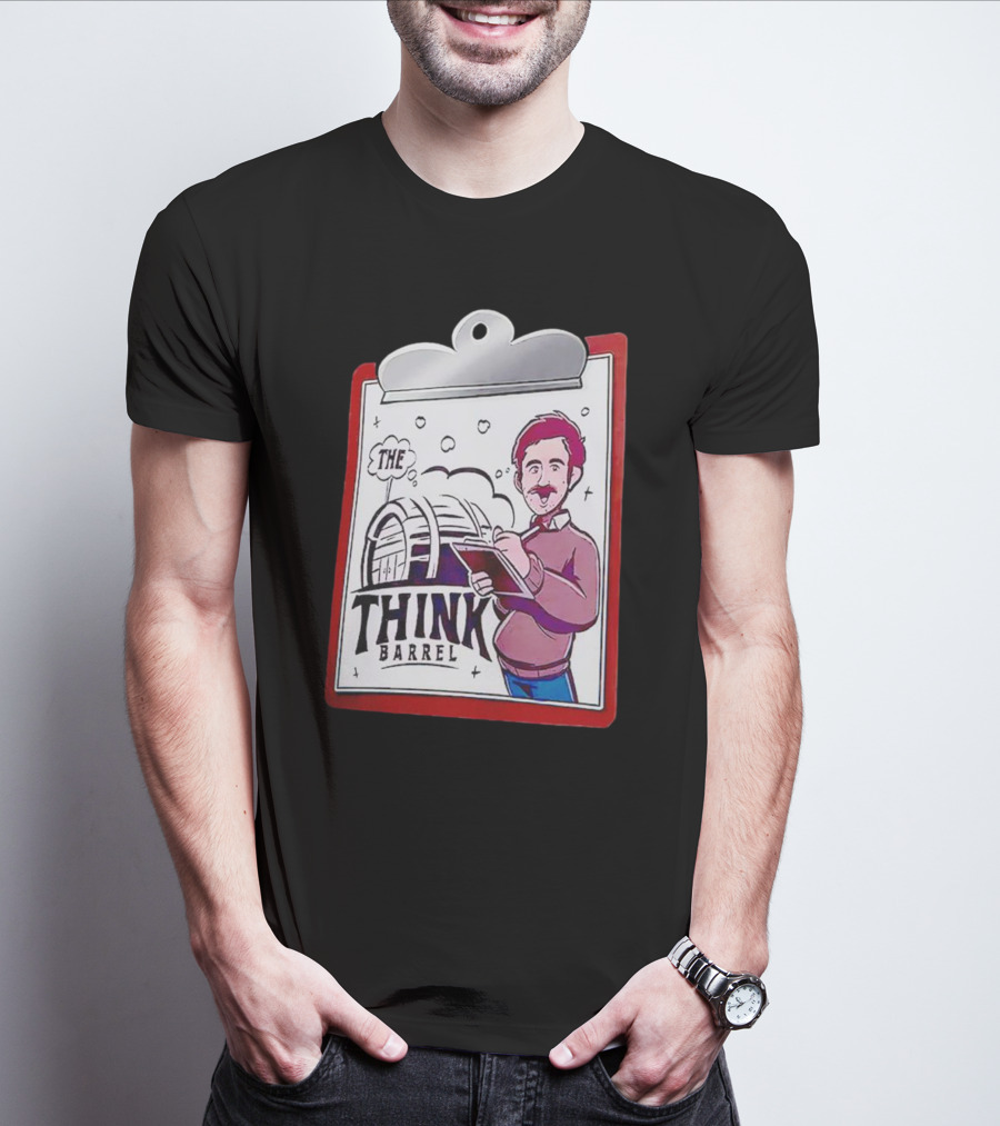 The Think Barrel Clipboard With Cartoon Character And Building Outline T-Shirt