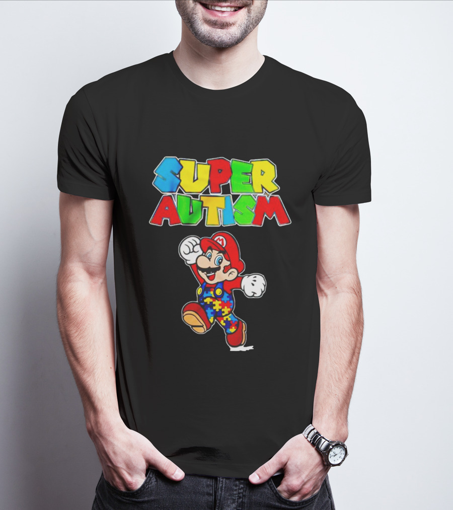 Super Autism Mario Puzzle Piece Overalls Iconic Character T-Shirt