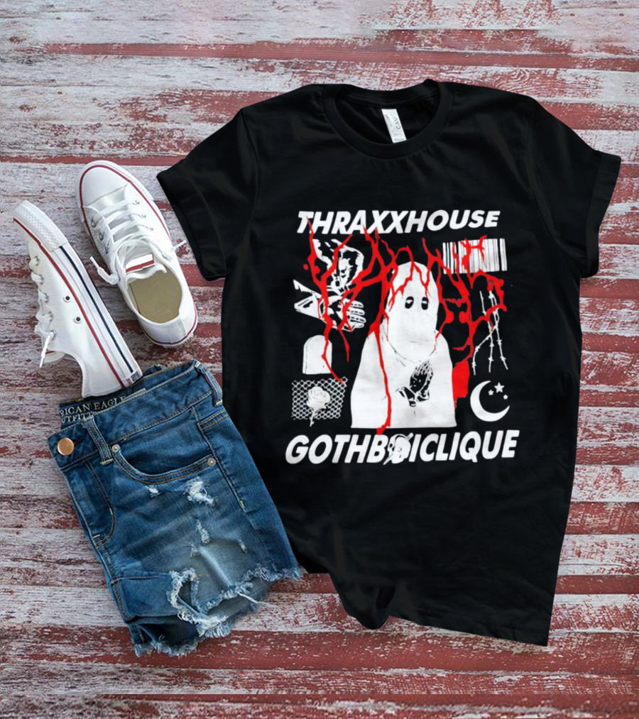 Thraxxhouse Gothboiclique Praying Figure With Barcode Rose Crescent Moon And Abstract Red Streaks T-Shirt