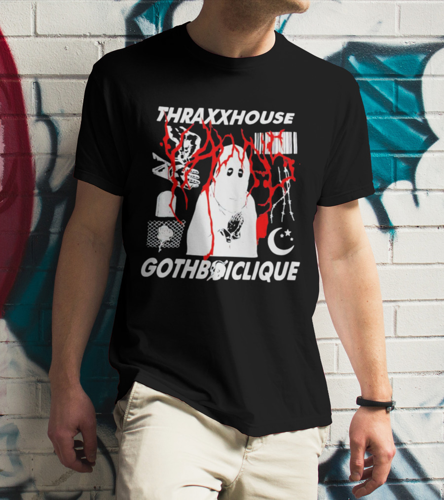 Thraxxhouse Gothboiclique Praying Figure With Barcode Rose Crescent Moon And Abstract Red Streaks T-Shirt