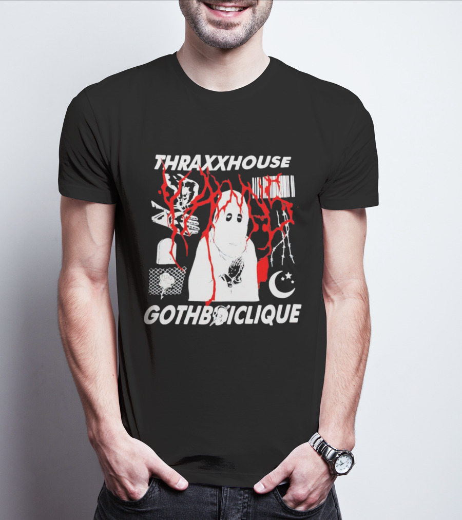 Thraxxhouse Gothboiclique Praying Figure With Barcode Rose Crescent Moon And Abstract Red Streaks T-Shirt