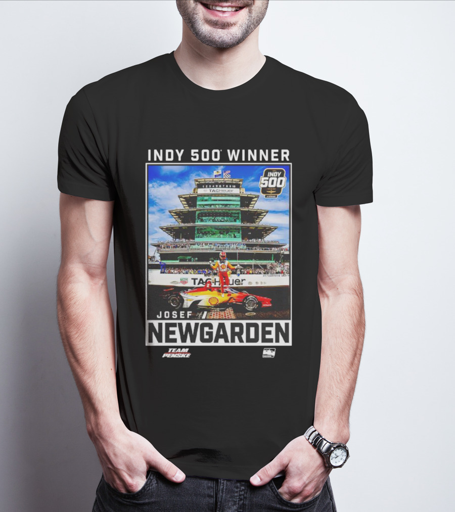 Indy 500 Winner Josef Newgarden Team Penske TAG Heuer Race Car And Pagoda Background T-Shirt