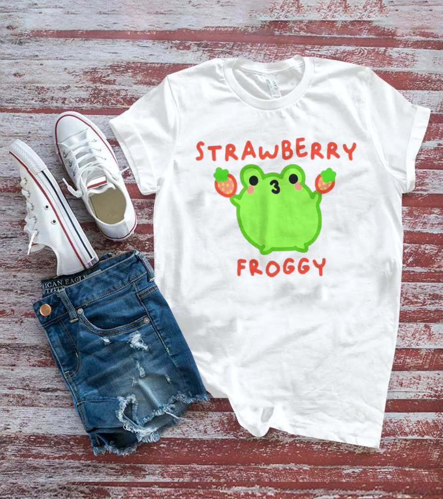 STRAWBERRY FROGGY Green Frog Holding Strawberries T-Shirt