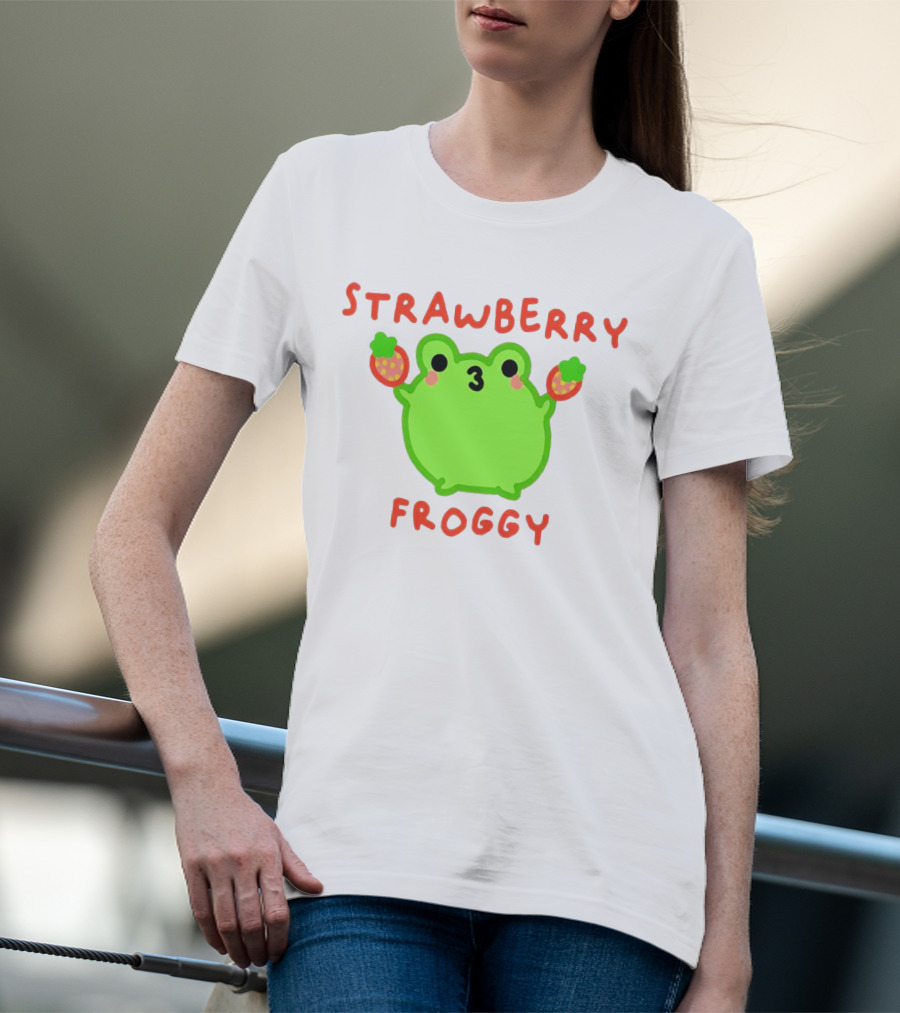 STRAWBERRY FROGGY Green Frog Holding Strawberries T-Shirt