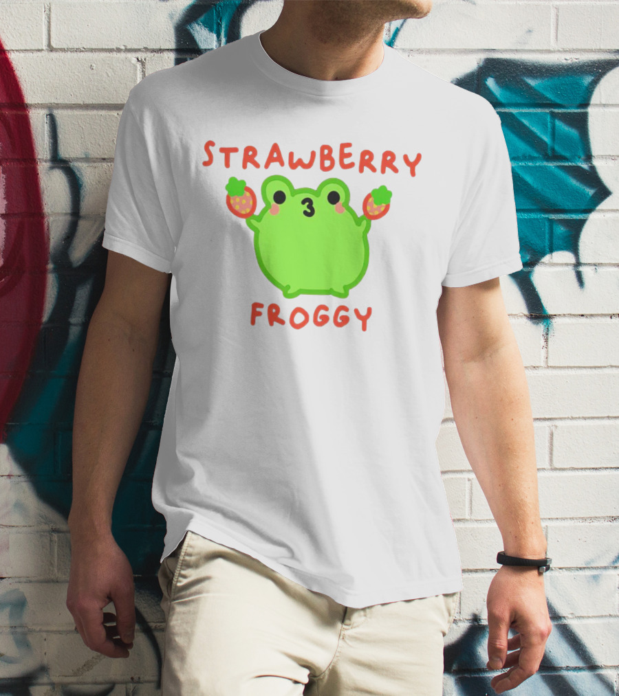 STRAWBERRY FROGGY Green Frog Holding Strawberries T-Shirt