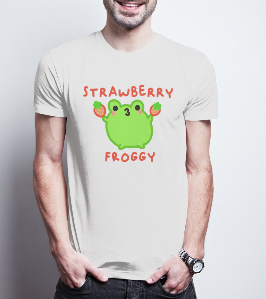 STRAWBERRY FROGGY Green Frog Holding Strawberries T-Shirt
