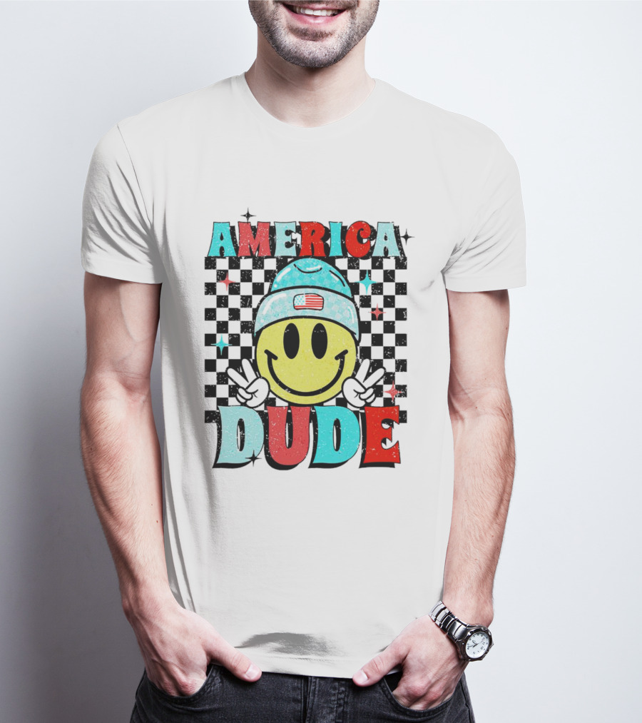 America Dude Smiley Face With Beanie And Peace Signs T-Shirt