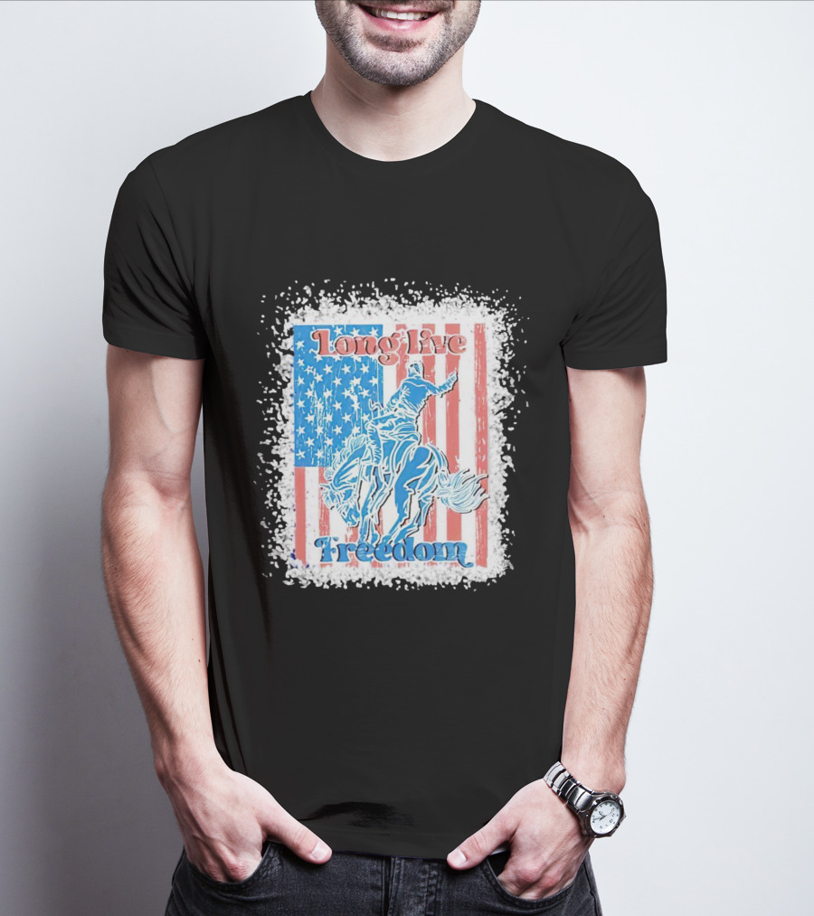 Long Live Freedom America Flag Cowboy And Horse T-Shirt
