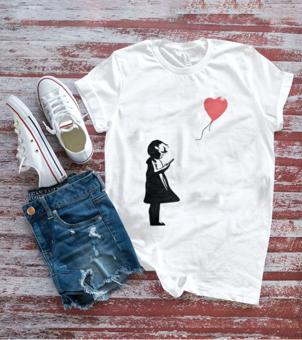 Girl With Phone Heart Balloon Black Dark Shadow T-Shirt