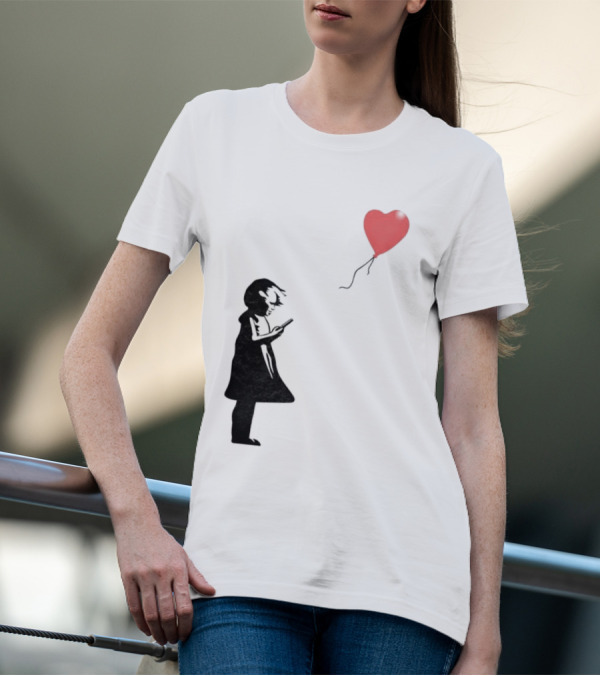 Girl With Phone Heart Balloon Black Dark Shadow T-Shirt