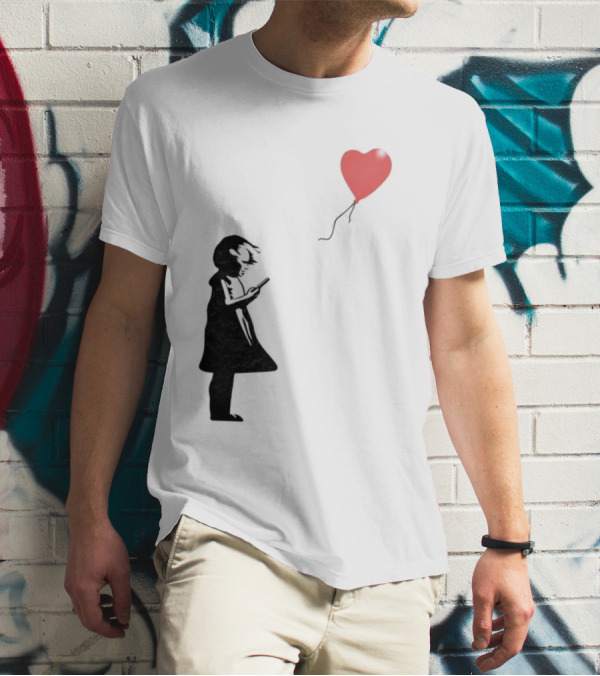 Girl With Phone Heart Balloon Black Dark Shadow T-Shirt