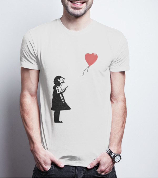 Girl With Phone Heart Balloon Black Dark Shadow T-Shirt