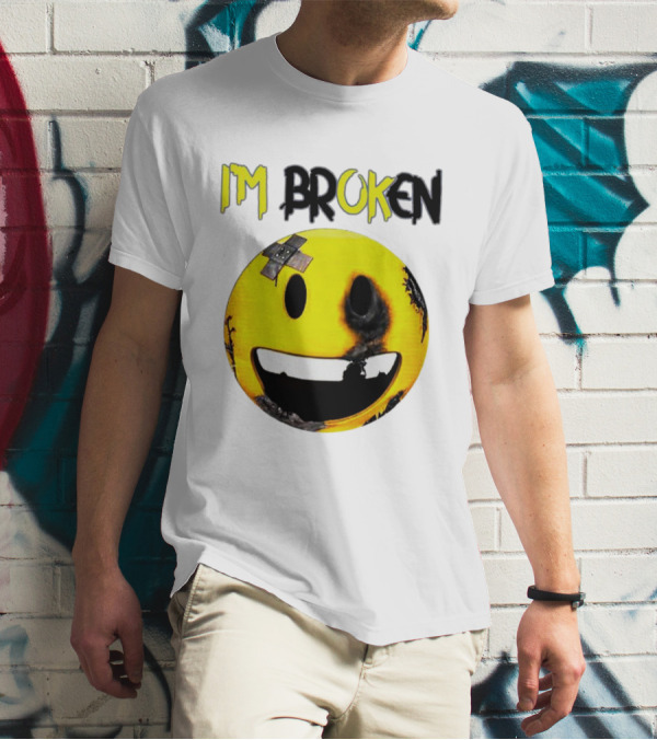 I'M BROKEN Smiley Burned And Patched Emo Smiley Face T-Shirt