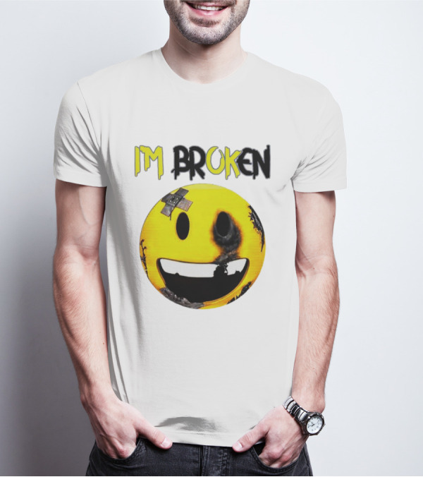 I'M BROKEN Smiley Burned And Patched Emo Smiley Face T-Shirt