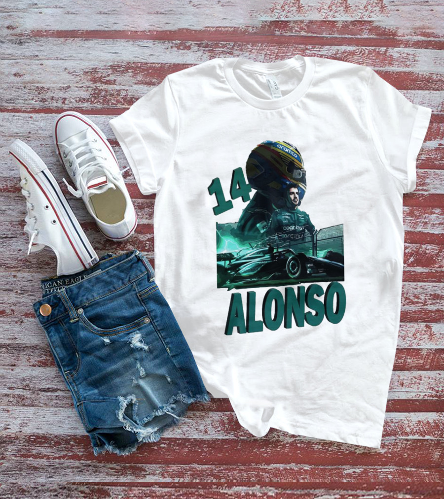 14 Alonso Aramco Racing Helmet And Car T-Shirt