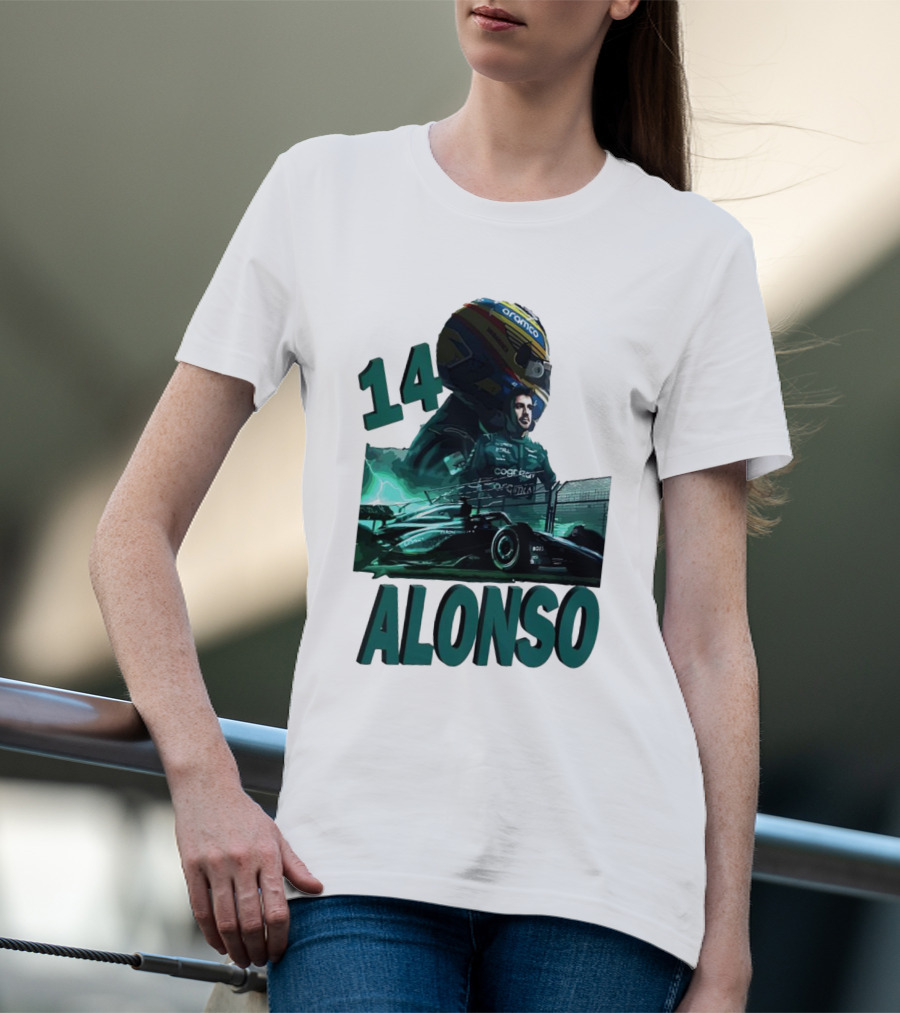 14 Alonso Aramco Racing Helmet And Car T-Shirt