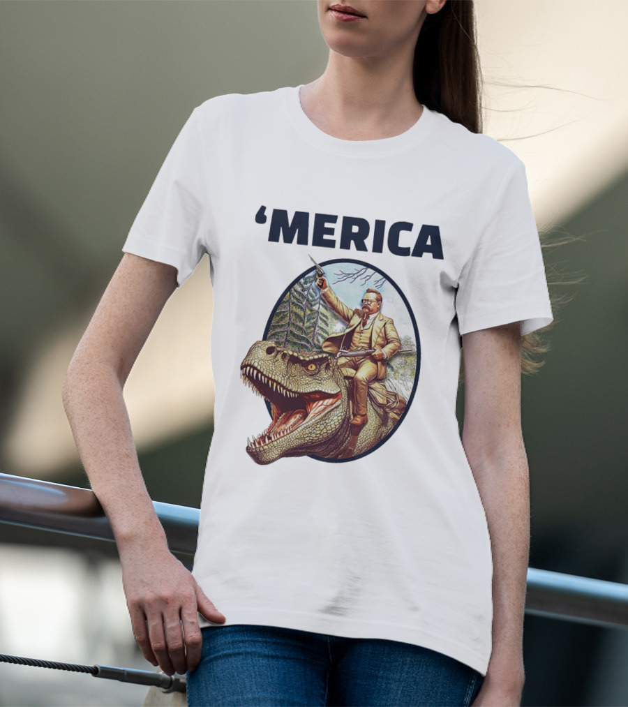 Theodore Roosevelt Riding Dinosaur ‘Merica Patriotic Adventure Scene T-Shirt