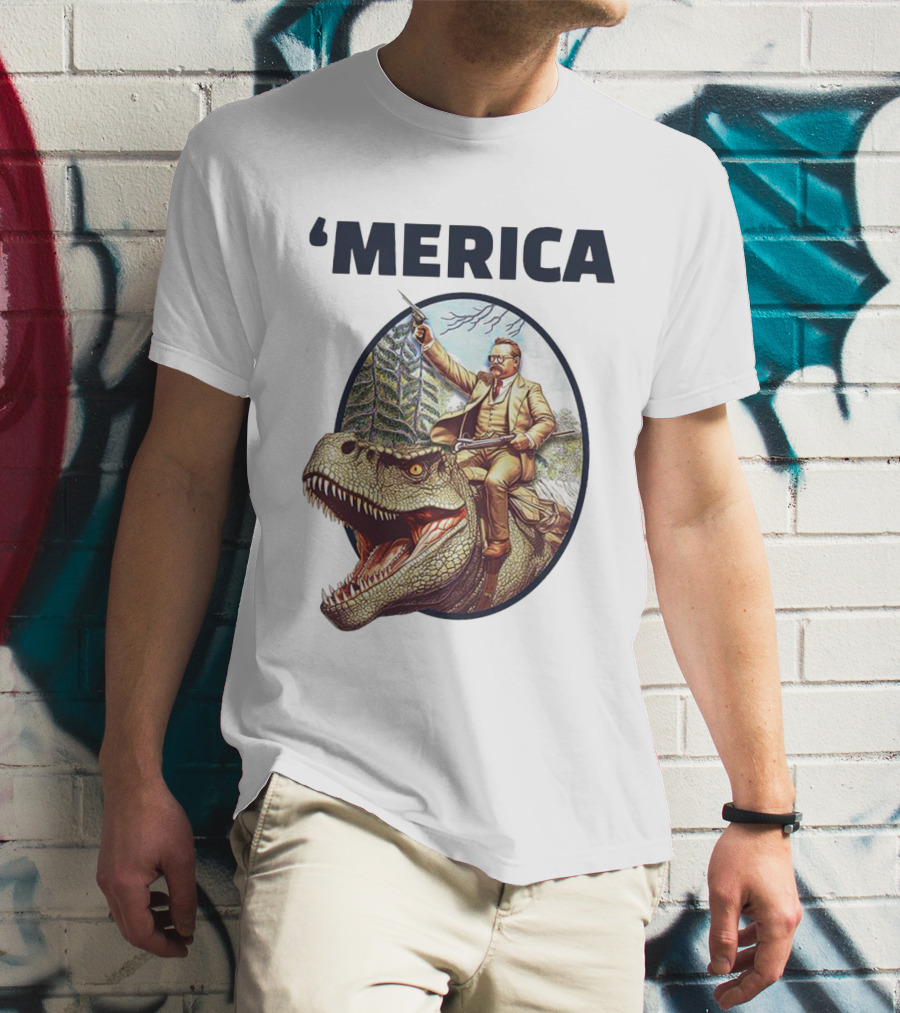 Theodore Roosevelt Riding Dinosaur ‘Merica Patriotic Adventure Scene T-Shirt