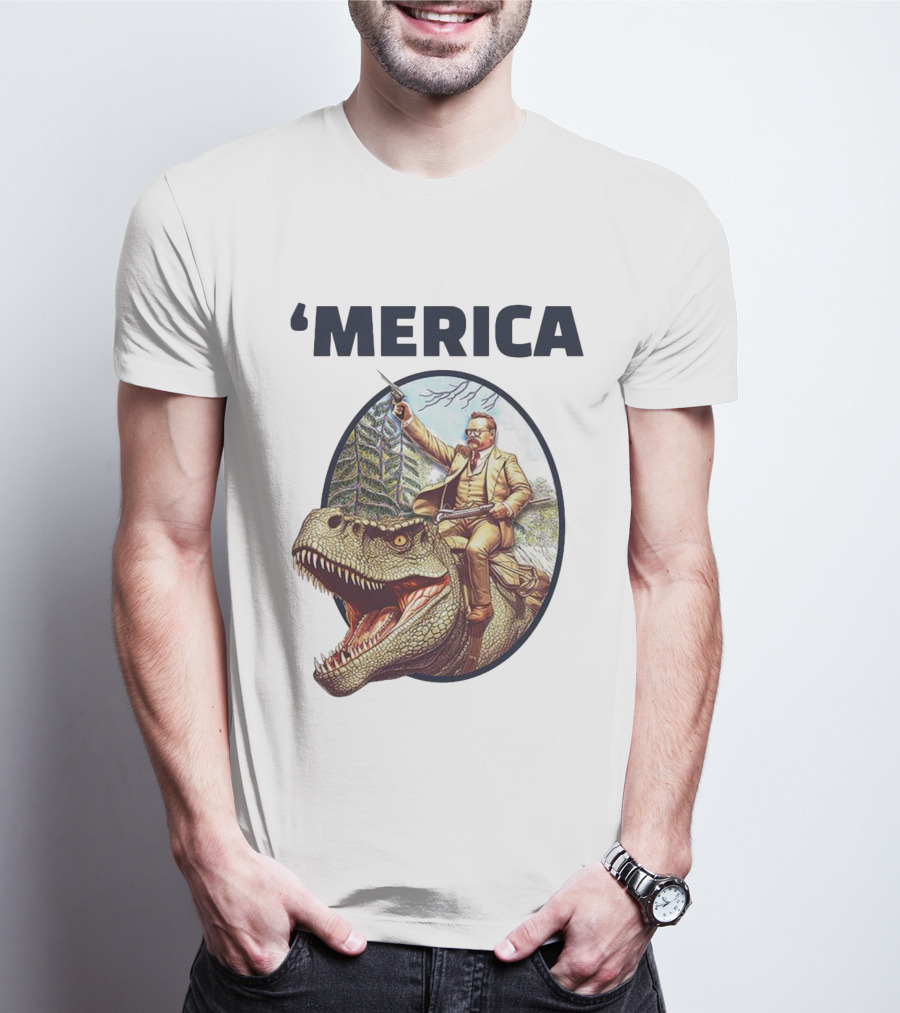 Theodore Roosevelt Riding Dinosaur ‘Merica Patriotic Adventure Scene T-Shirt
