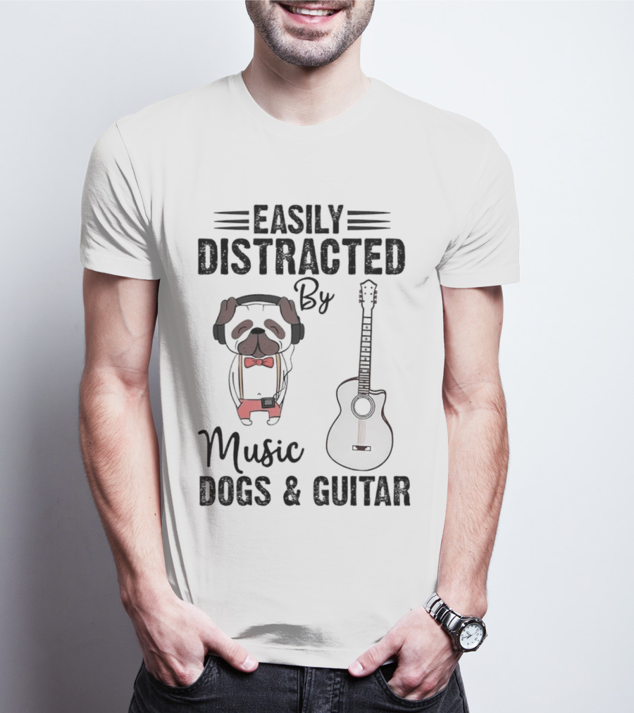 Easily Distracted By Music Dogs And Guitar T-Shirt