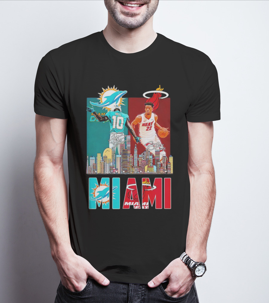 Miami Dolphins Tyreek Hill Miami Heat Jimmy Butler Signatures Skyline Featuring Dolphins And Heat T-Shirt
