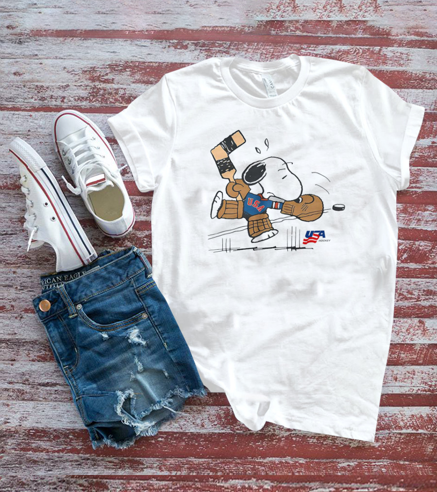 Peanuts Snoopy USA Hockey Goalie With Bat And USA Puck T-Shirt