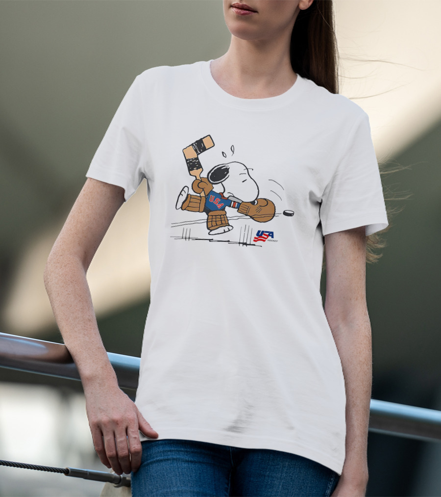 Peanuts Snoopy USA Hockey Goalie With Bat And USA Puck T-Shirt