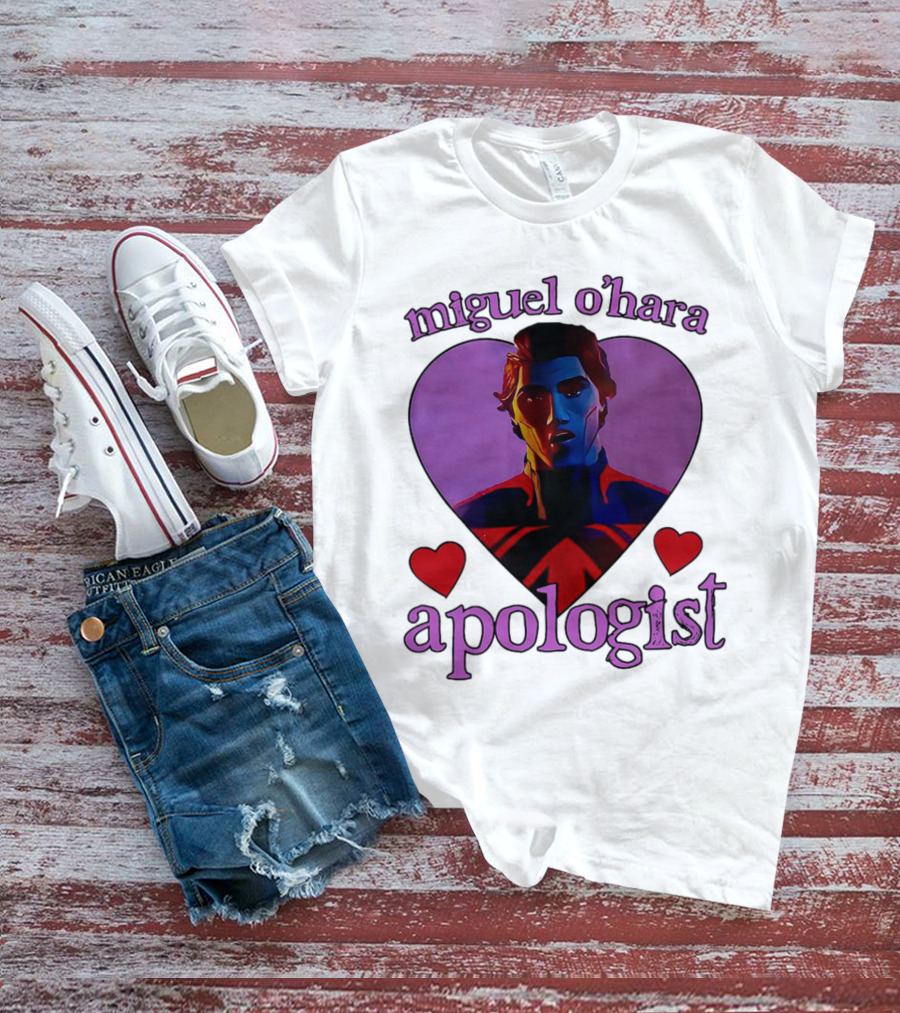 Miguel O’Hara Apologist Love Heart With Heroic Figure In Purple And Red Hearts T-Shirt