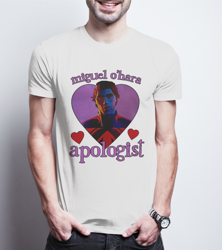 Miguel O’Hara Apologist Love Heart With Heroic Figure In Purple And Red Hearts T-Shirt