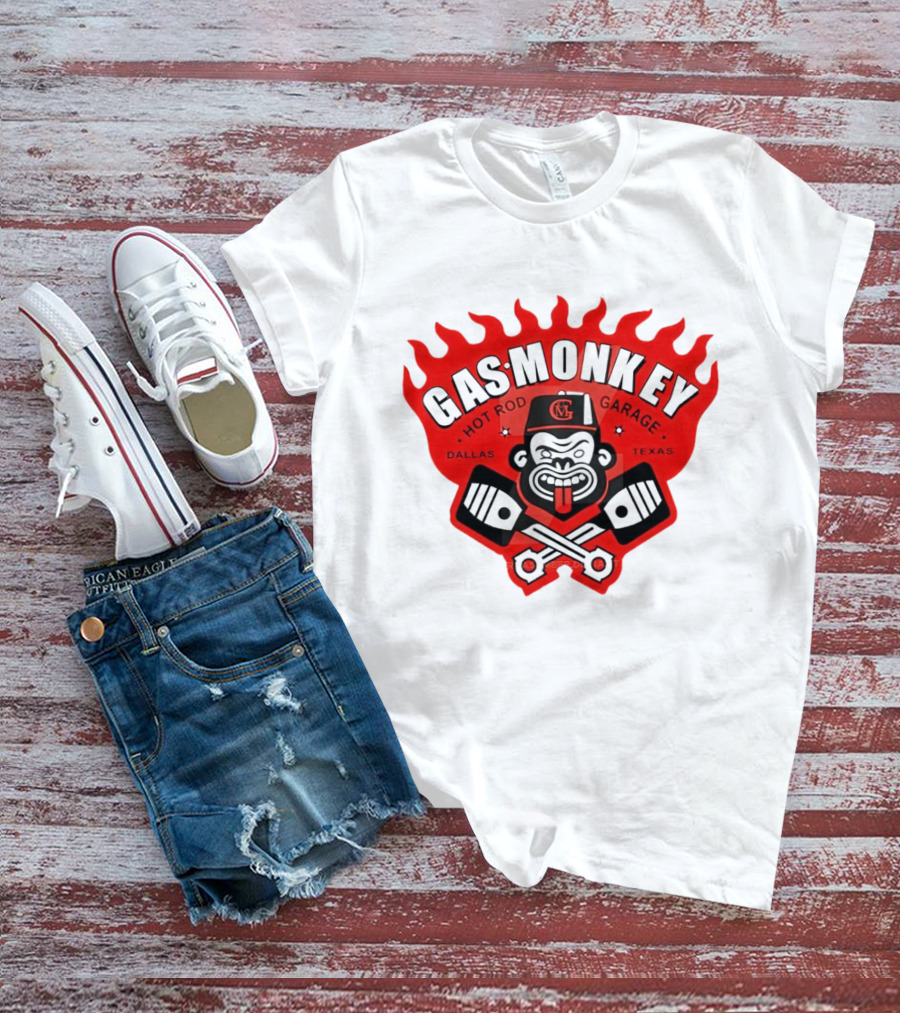 Gas Monkey Hot Rod Garage Dallas Texas Flame Logo Monkey With Pistons T-Shirt